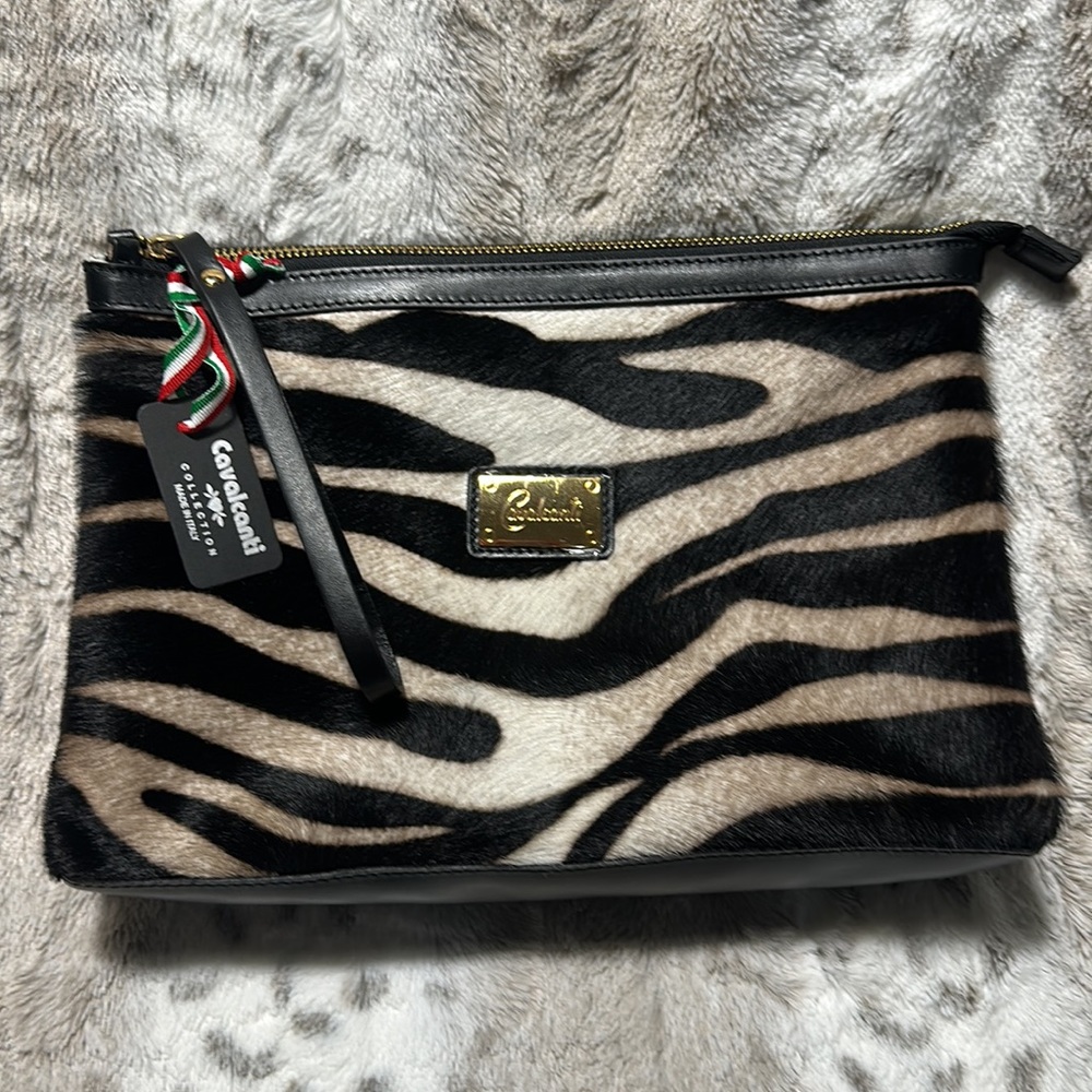 Cavalcanti Leather Cosmetic Travel Animal Hair Zebra Wristlet Clutch Bag - Picture 3 of 6